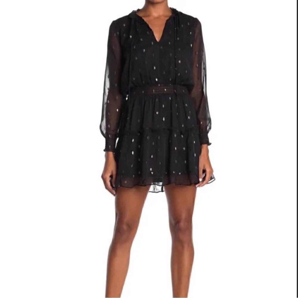 NSR Emma Ruffle Dress Mini Long Sleeves Black Silver NWT